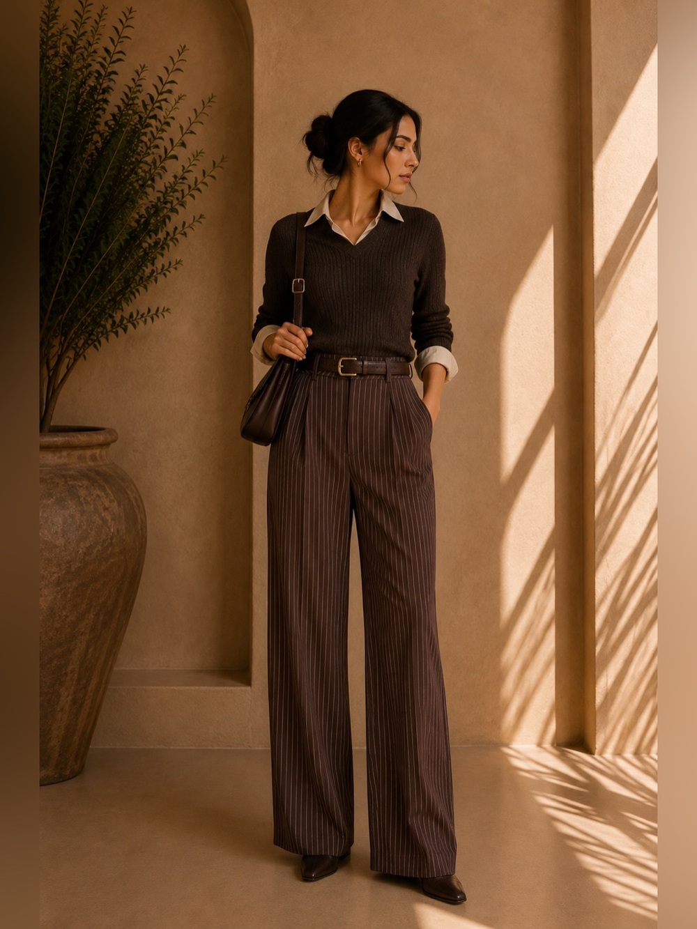 Commense Dark Brown Pinstripe Wide Leg Pants XS | Dark Academia